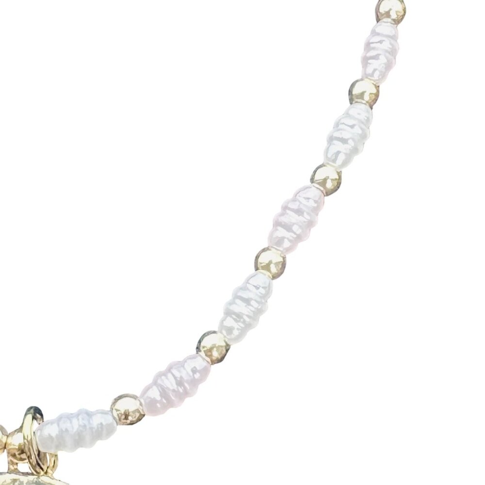 Vintage Gold Tone & Faux Pearl Ankle Bracelet With Sand Dollar Charm (5653) - Picture 4 of 9